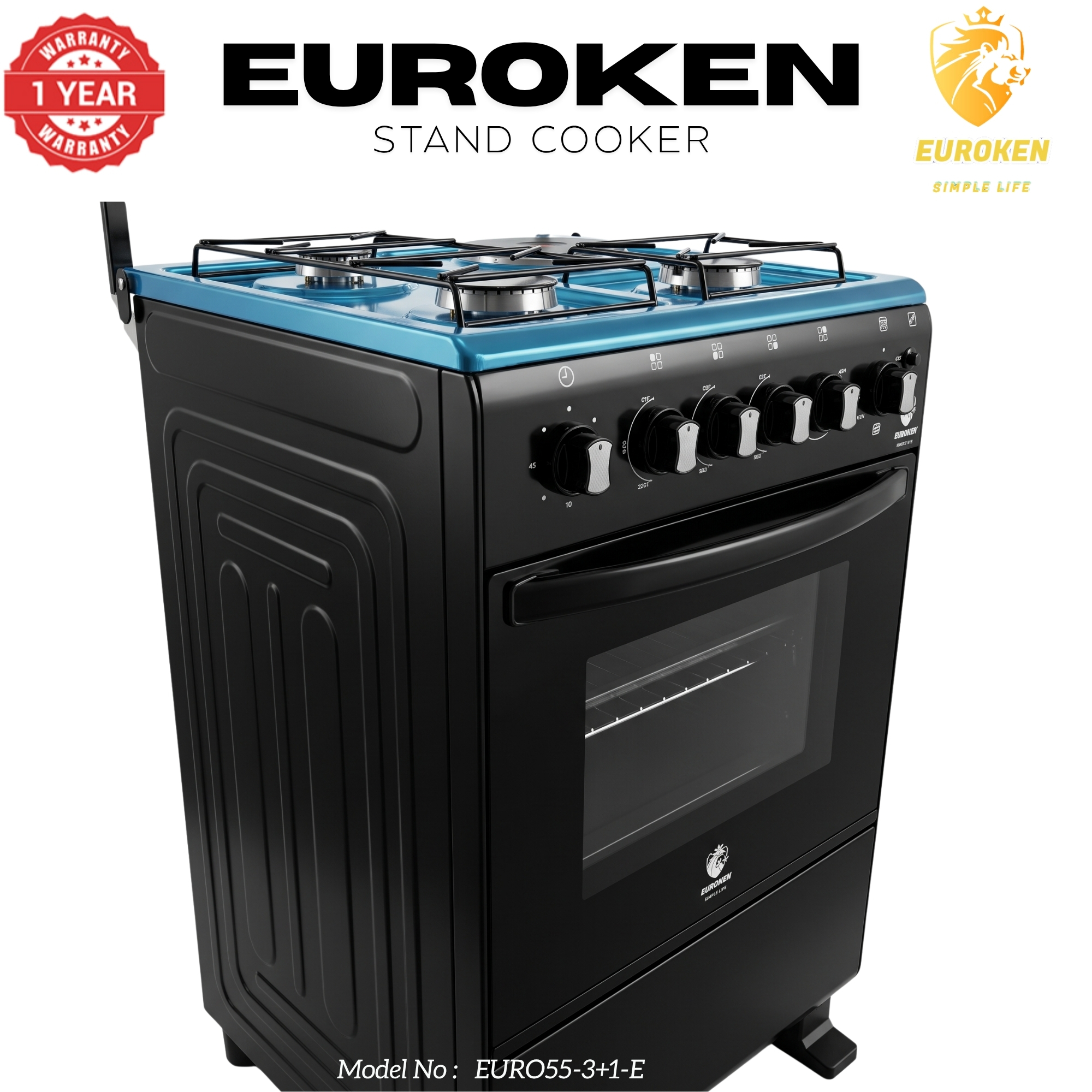 【LIMITED OFFER】 Euroken Euro55-3G1E-E  50L Home Improvement   Free Standing  Gas Cooker 3 GAS +1 Hot plate Kitchen Appliance with electric oven - 50X55CM