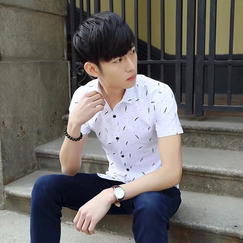 Baldur Blue and white are visible Men's Clothes Short sleeve slim fit Shirts Feather Printed Shirts Youth business casual shirt boys Classic square neck Shirts