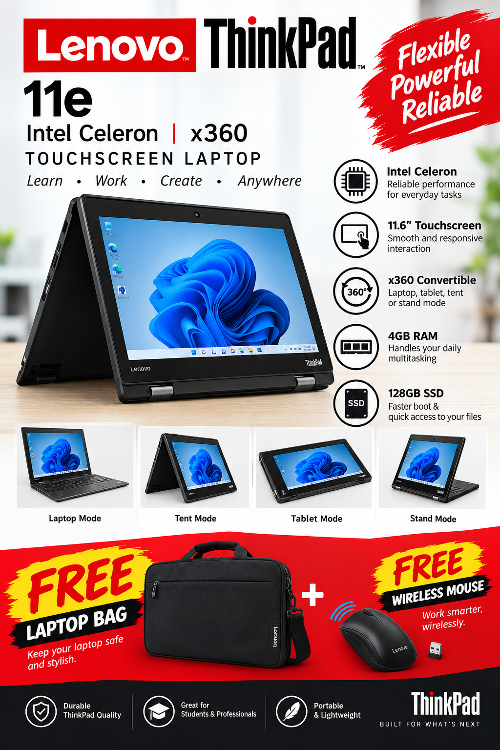 (GET FREE LAPTOP BAG + FREE MOUSE!!) Lenovo Refurbished ThinkPad Yoga 11e X360 Intel Celeron 4GB RAM 128GB SSD 11.6" Webcam Bluetooth, HDMI WIFI With Windows 11 PRO Activated, Office 2021 Pro.