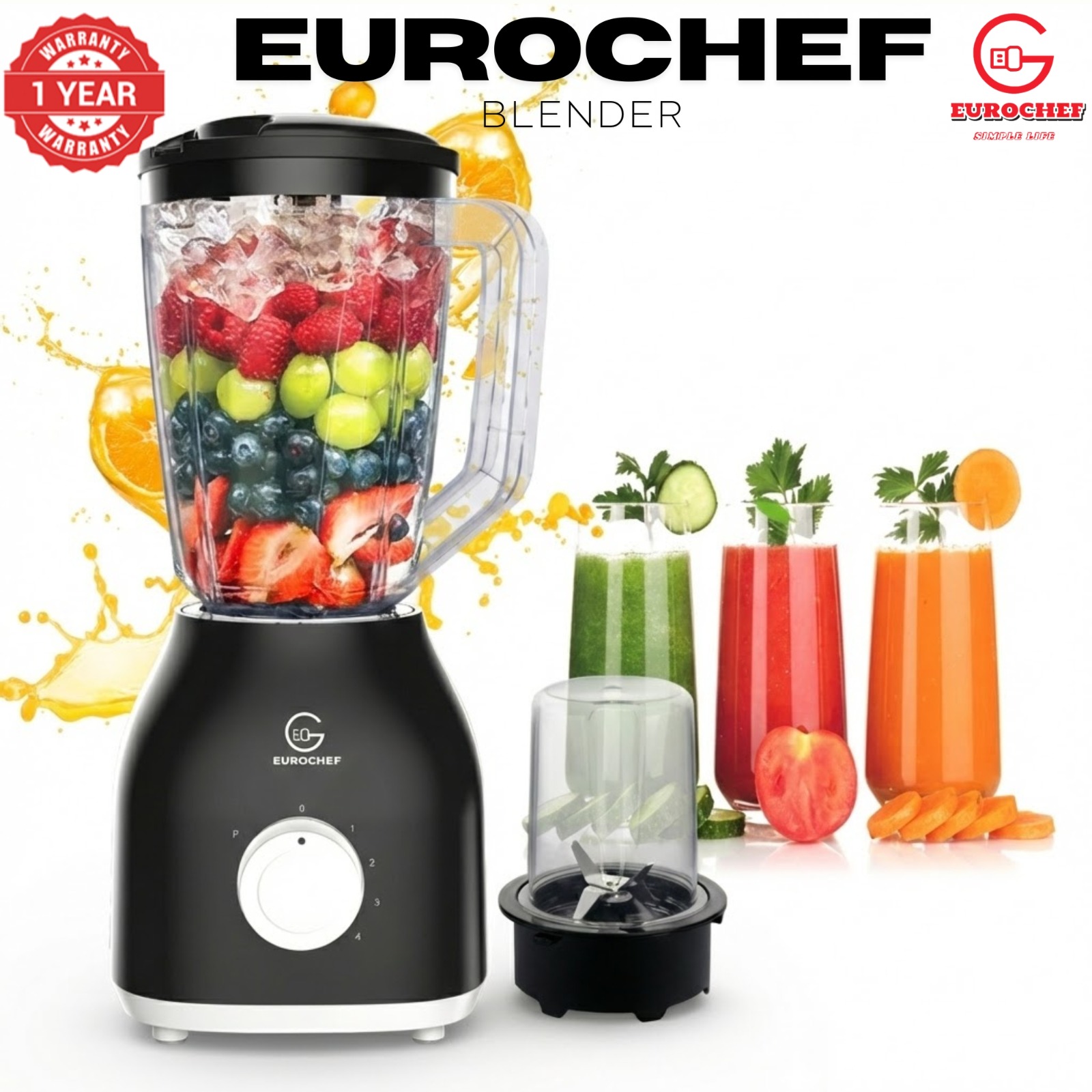 Eurochef 2 In 1 Blender With Grinding Machine And 1.8L Unbreakable Jug, 4-Speed Pulse, 650W