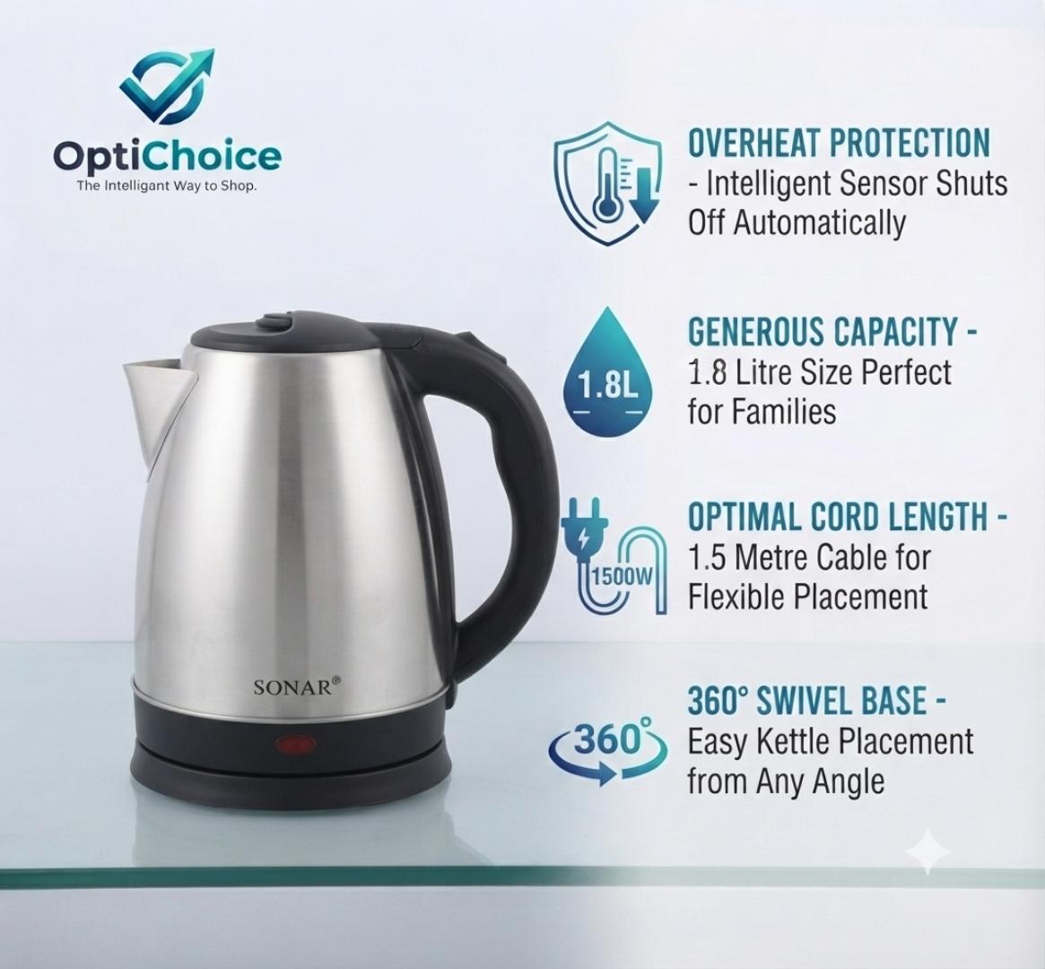 Sonar X1 1.8L Electric Kettle 1500W – Stainless Steel Fast Boil Water Kettle with Auto Shut-Off & 360° Rotational Base