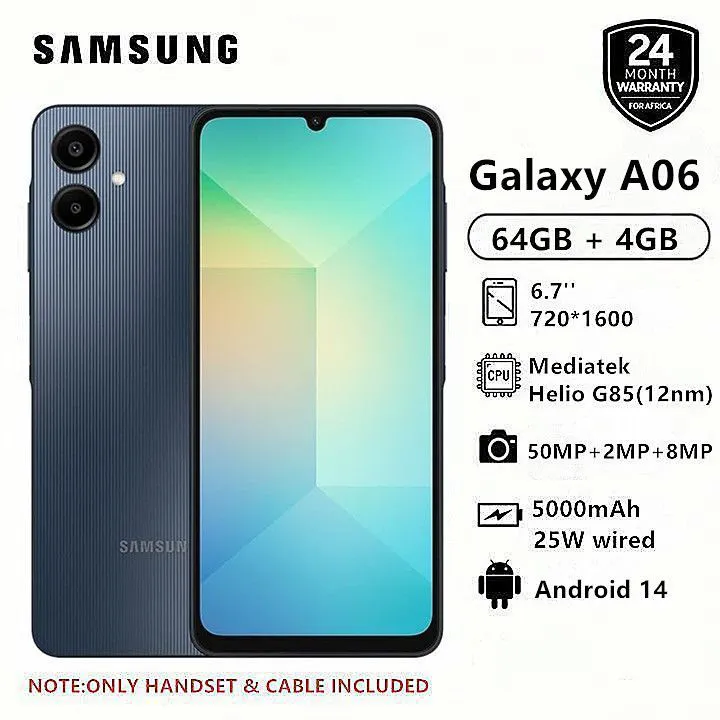 [New Arrival] Samsung Galaxy A06 64GB +4GB RAM 50MP Camera +8MP 6.7" 90Hz MTK Helio G85 (12nm) 5000mAh BATTERY 25W Type-C Charge Android 14 Smart Phones Side Fingerprint Unlock SMARTPHONE+FREE GIFTS