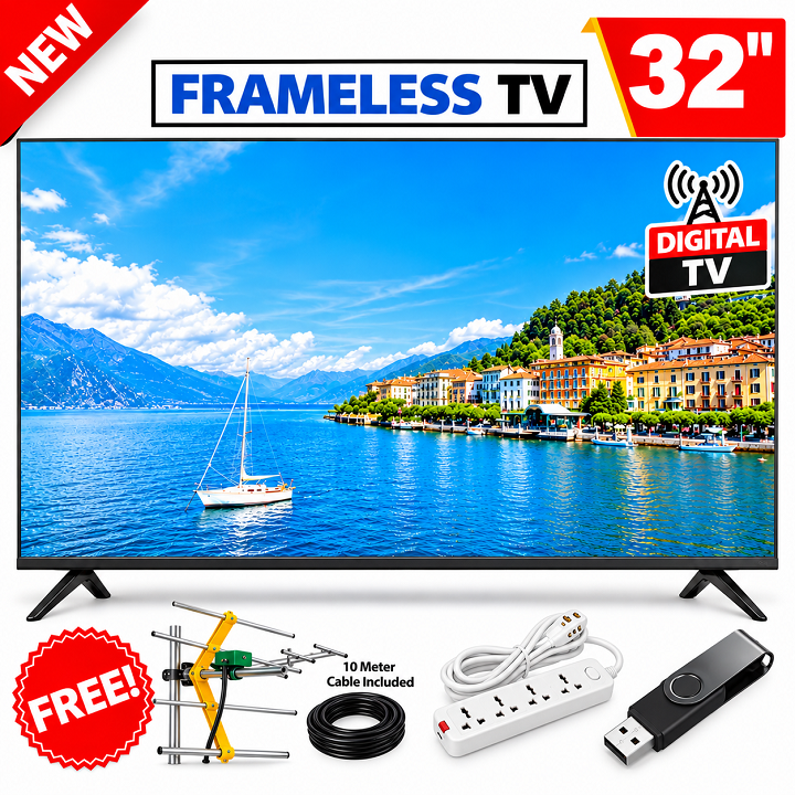 VITRON 32" INCH DIGITAL TV LED TV HTC3218 FRAMELESS HD TV WITH INBUILT DECODER for FREE to Air Channels VITRON32 VITRON TV14 Months Warranty+ A FREE AERIAL+FREE 4-WAY EXTENSION +FREE FLASH DISK