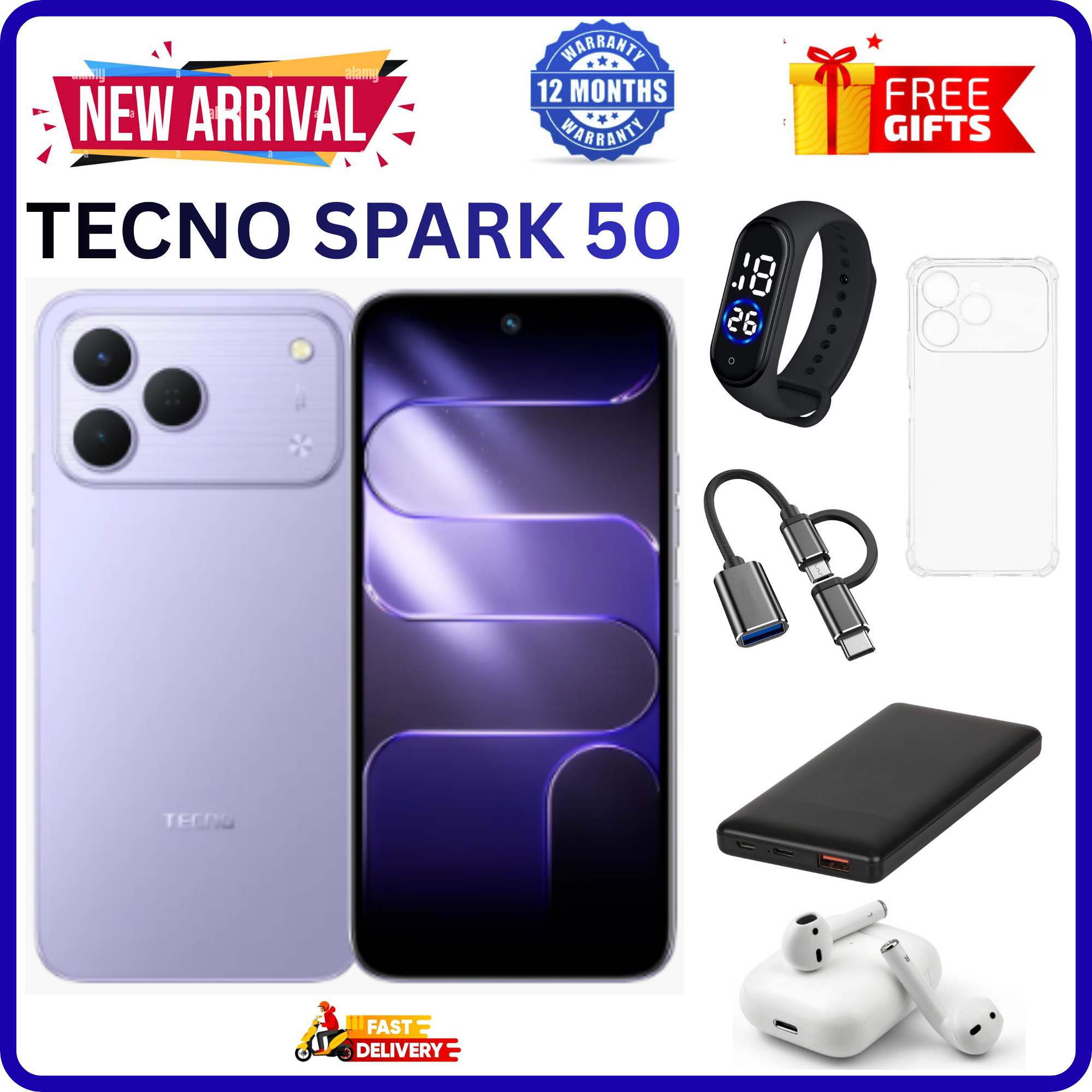 NEW ARRIVALS!!!! BRAND NEW TECNO SPARK 50 4G SMARTPHONE 128GB ROM+ 4GB RAM 6.78" INCH SCREEN 120Hz REFRESH RATE 6700mAh Battery 18W FAST CHARGING, 50MP CAMERA