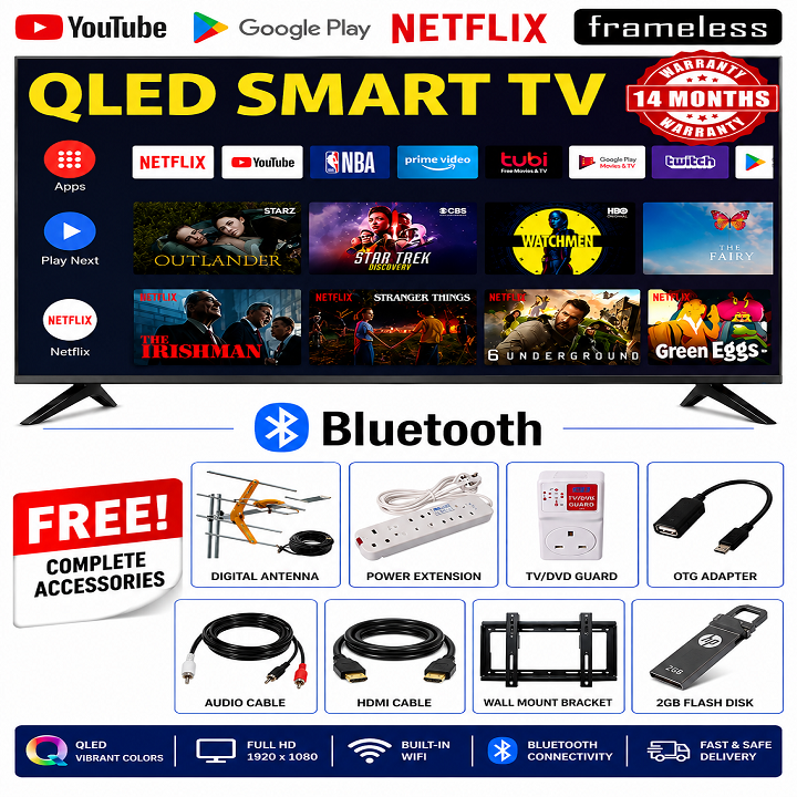 VITRON 32 INCH Smart Android TV 16 Digital QLED TV BLUETOOTH ENABLED HTC3288QS FRAMELESS Inbuilt Decoder Inbuilt WIFI Netflix YouTube App store 2*USB 3*HDMI Ports ICAST VITRON TV Vitron32+8 FREE GIFTS