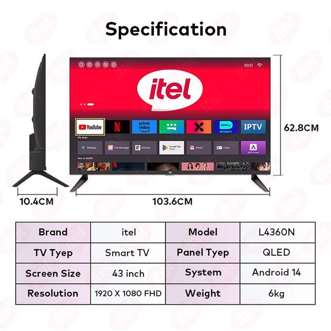 Itel 43 Inch QLED Smart TV Full HD, WiFi, Bluetooth, Frameless Display, Netflix, YouTube, Prime Video, Built-in Decoder, HDR Picture Quality, Energy Saving Television ANDROID 16 SMART TV
