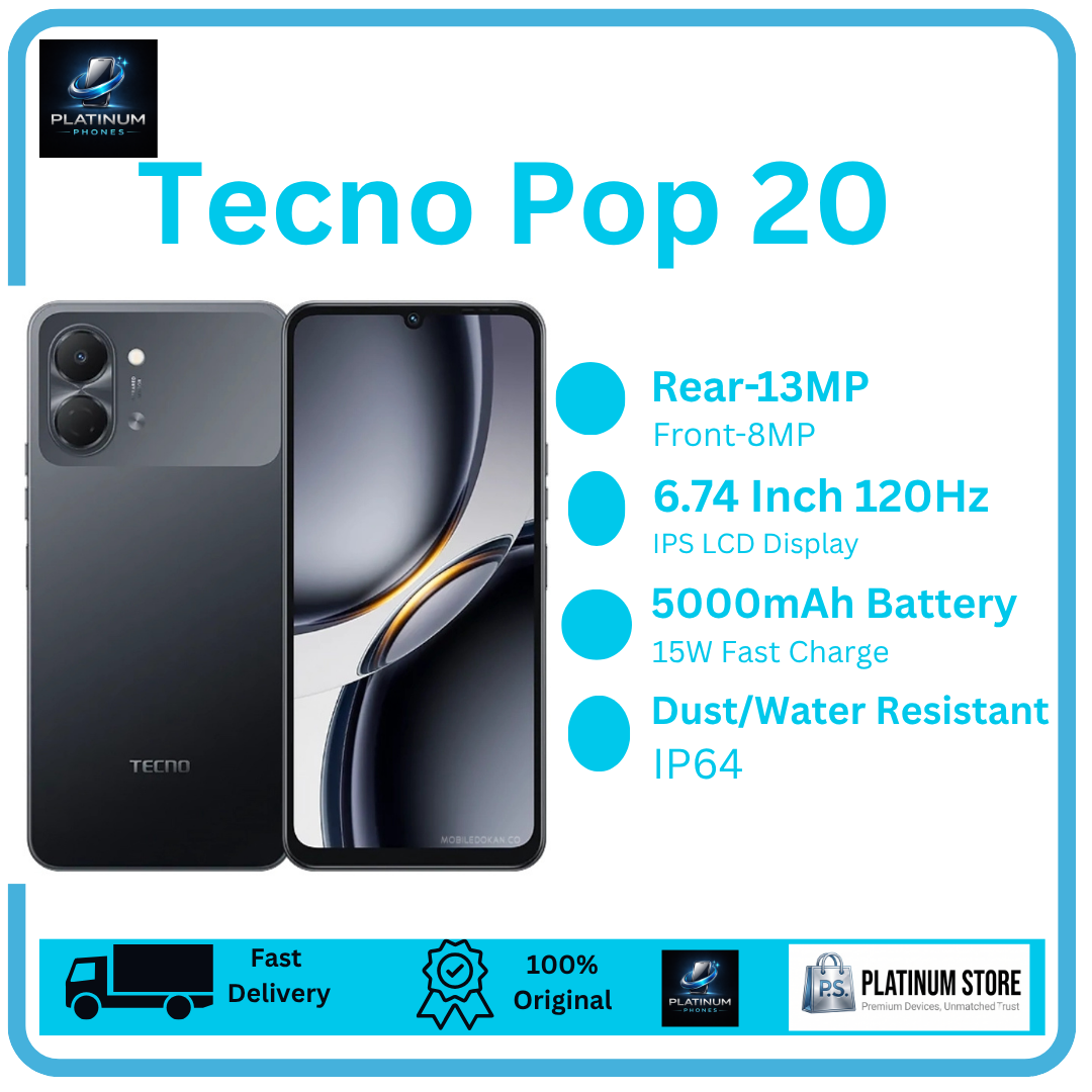 [FREE GIFTS🎁🎁] TECNO Pop 20 128/64GB+8(4+4)GB 6.74" IPS LCD 120Hz Display 13MP Rear Camera 5000mAh Battery 15W Fast Charging IP64 Dual SIM Fingerprint Unlock Smart AI Smartphone