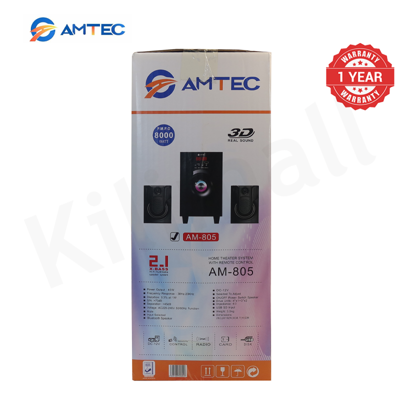 Amtec AM-805 2.1CH Home Theatre System With 4" Subwoofer, 45W RMS 8000W PMPO, Bluetooth Speaker System Woofer, FM, USB/SD, Remote Control 1 Year Warranty