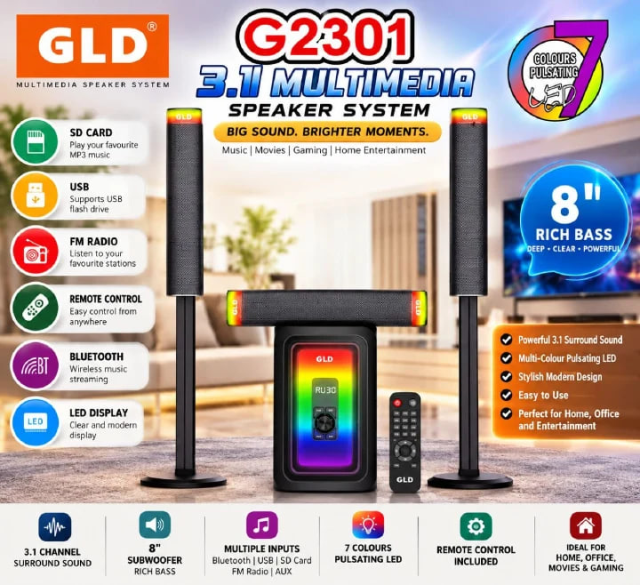 THE GLD G2301 3.1 MULTIMEDIA SPEAKER SYSTEM! ENJOY RICH 8” BASS, SURROUND SOUND, BLUETOOTH, USB, SD CARD, FM RADIO, AUX AND REMOTE