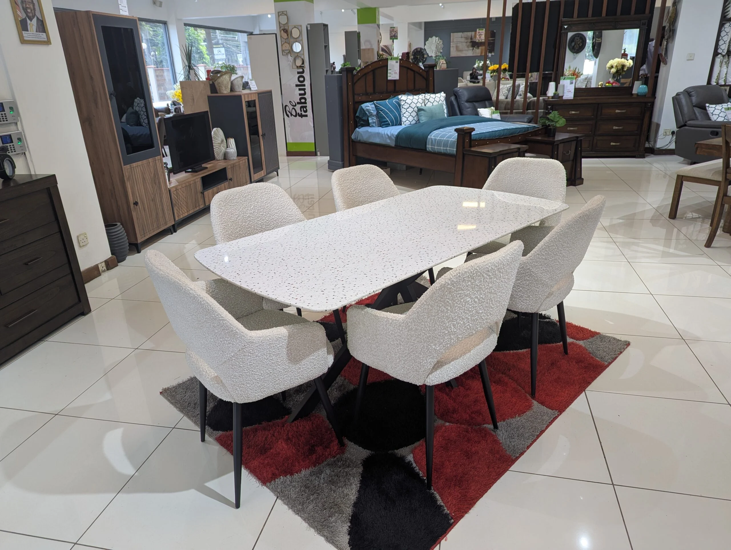 Maldon 6 Seater Dining Set – Terrazzo Glass Top