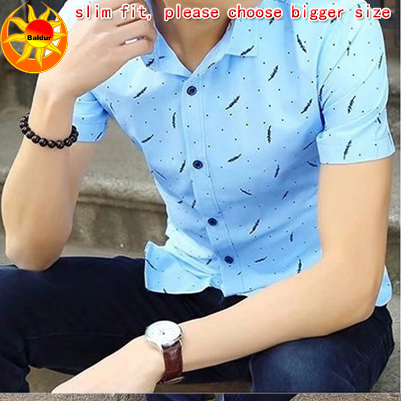 Baldur Blue and white are visible Men's Clothes Short sleeve slim fit Shirts Feather Printed Shirts Youth business casual shirt boys Classic square neck Shirts
