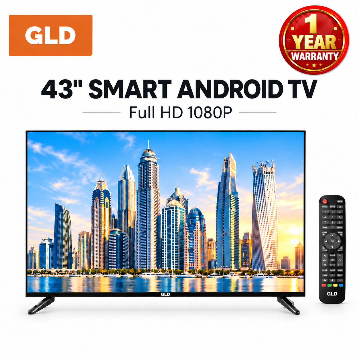 GLD 43" Smart Android TV, Full HD 1080P, Built-in WiFi & Bluetooth, Netflix YouTube, Screen Mirroring, HDMI USB, 1 Year Warranty