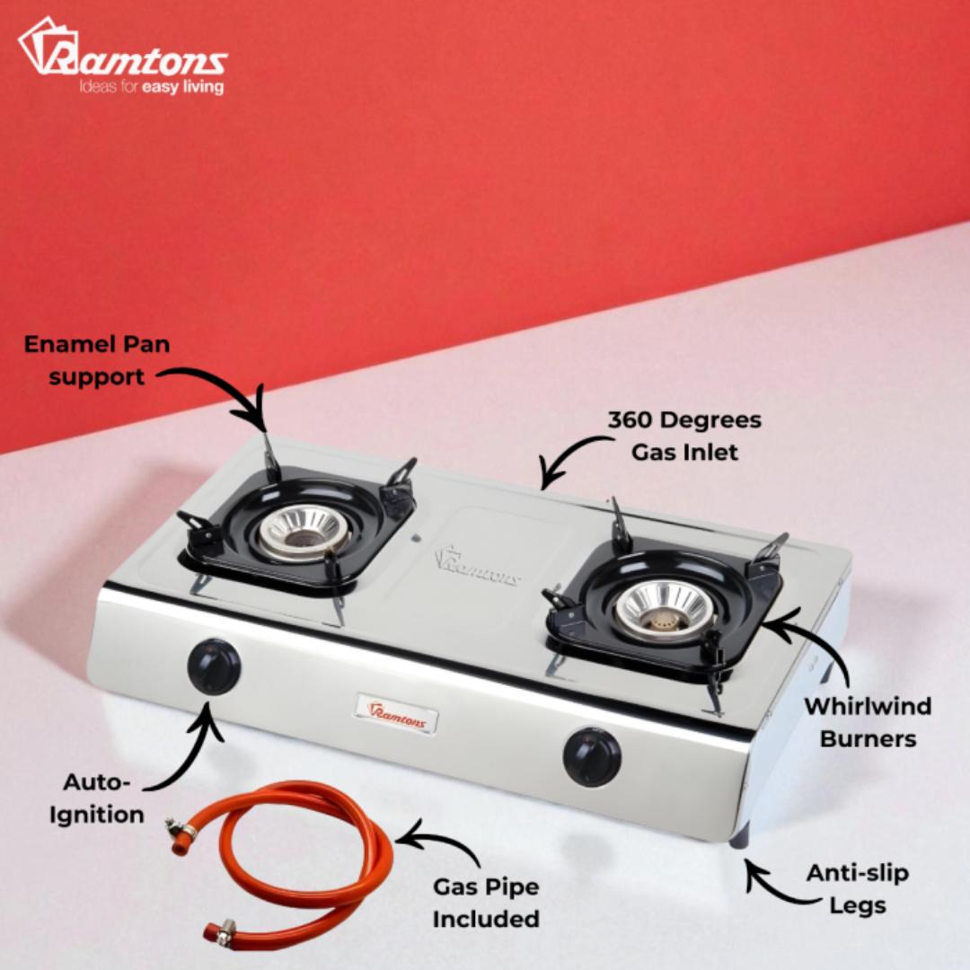 Ramtons RM/518 gas cooker 2 burner table top cooktop stainless steel with Auto ignition Whirlwind burners