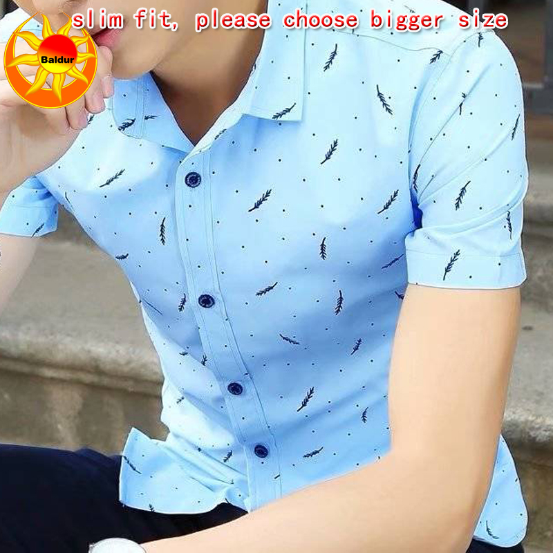 Baldur Blue and white are visible Men's Clothes Short sleeve slim fit Shirts Feather Printed Shirts Youth business casual shirt boys Classic square neck Shirts