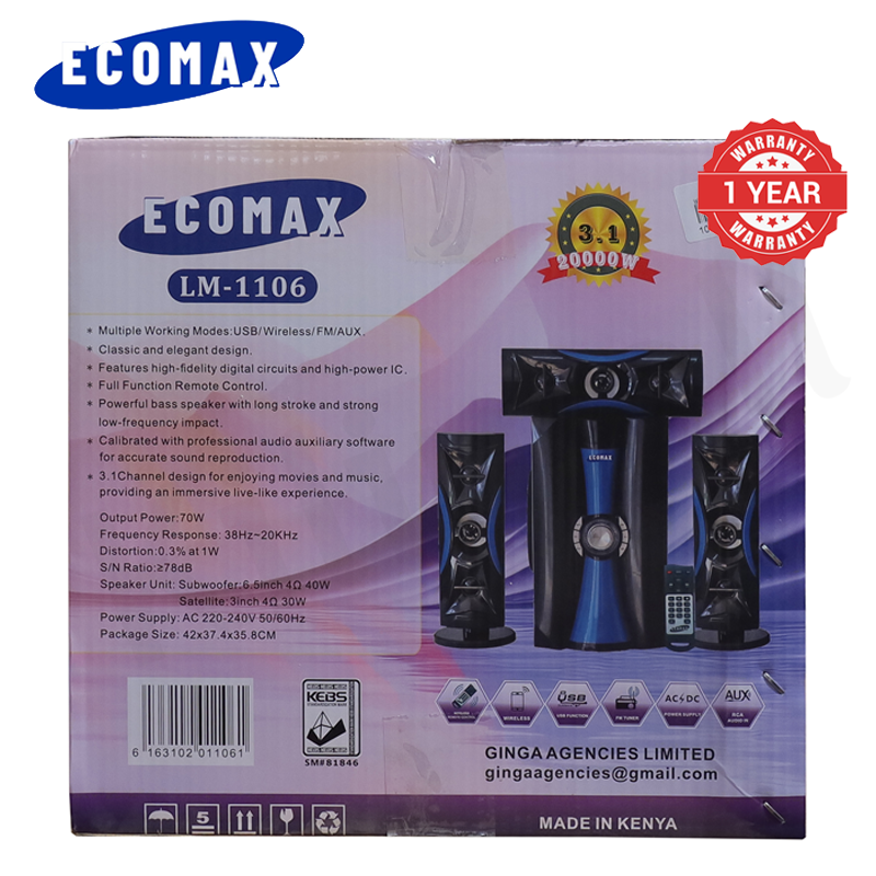 ECOMAX 3.1CH HI-FI Multimedia Bluetooth Woofer Home Audio System Speaker Systems Home Theater System Subwoofer with Remote Control 20000W USB SD FM DVD Input LM-1106