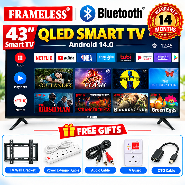VITRON 43 INCH SMART ANDROID TV QLED FHD TV BLUETOOTH CONNECTIVITY FRAMELESS & DIGITAL TV NETFLIX YOUTUBE TELEVISION BUILT-IN WIFI VITRON TV 1GB-RAM 8GB-ROM VITRON43 4300QFS + 4 FREE ACCESSORIES