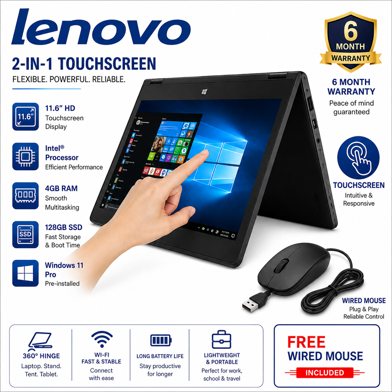 Lenovo Yoga 11e X360 Touchscreen Laptop – 4GB RAM, 128GB SSD, 12” Convertible 2-in-1 | Windows 11 Pro | Sleek Black (Refurbished) plus free mouse