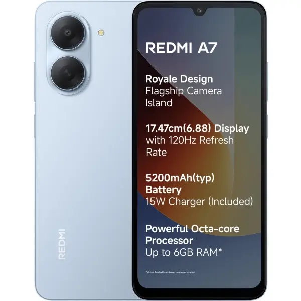[New Arrival] Xiaomi Redmi A7 64GB + 3GB 6.88 Inch 120Hz LCD Display (13+8)MP Camera 5200mAh Battery 15W Charge Dual Sim Android 15 Side Fingerprint Smartphone