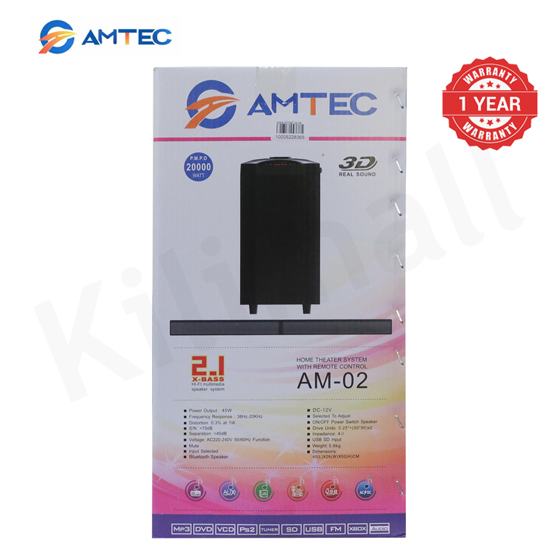Amtec AM-02 2.1CH Soundbar Home Theatre Subwoofer Speaker System, 45W RMS 20000W PMPO, AC/DC Powered Bluetooth FM USB SD AUX Woofer With Remote Control, 5.25 Inch Bass Driver