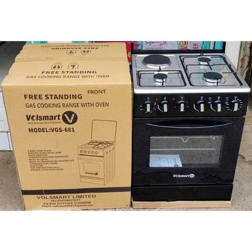 VOLSMART 60x60 Freestanding Gas Cooker, 3 Gas Burners + 1 Rapid Electric Plate, Electric Oven, 4-Burner Standing Cooker, Black