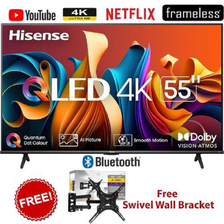 HISENSE 55" INCH SMART TV 4K QLED TV 55Q6 Frameless UHD Display Netflix YouTube DOLBY AUDIO VOICE CONTROL Wi-Fi & Bluetooth ENABLED HISENSE55 HISENSETV-2 YEARS WARRANTY+FREE TILT WALL MOUNT BRACKET