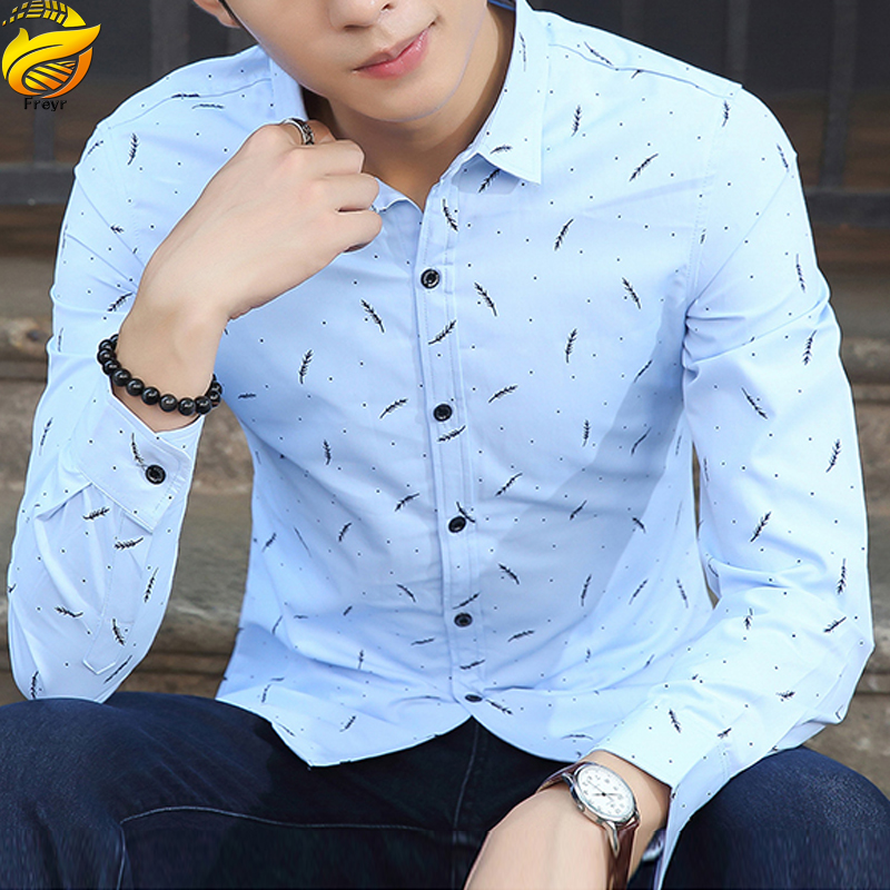 Freyr Men’s Clothes Shirts Slim Long Sleeve Shirts business shirt Boys Feather Printed Classic square collar simple shirts Students Clothes