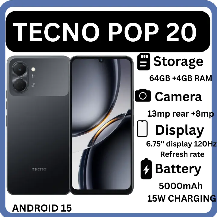TECNO POP 20 128GB + 8(4+4)GB  64GB+4GB 4G Network 6.75" 120Hz Hole Screen Dual Speakers IP64 Waterproof 13MP 5000mAh 15W Type-C Android 15 Dual SIM Phone Side Fingerprint Unlock phones