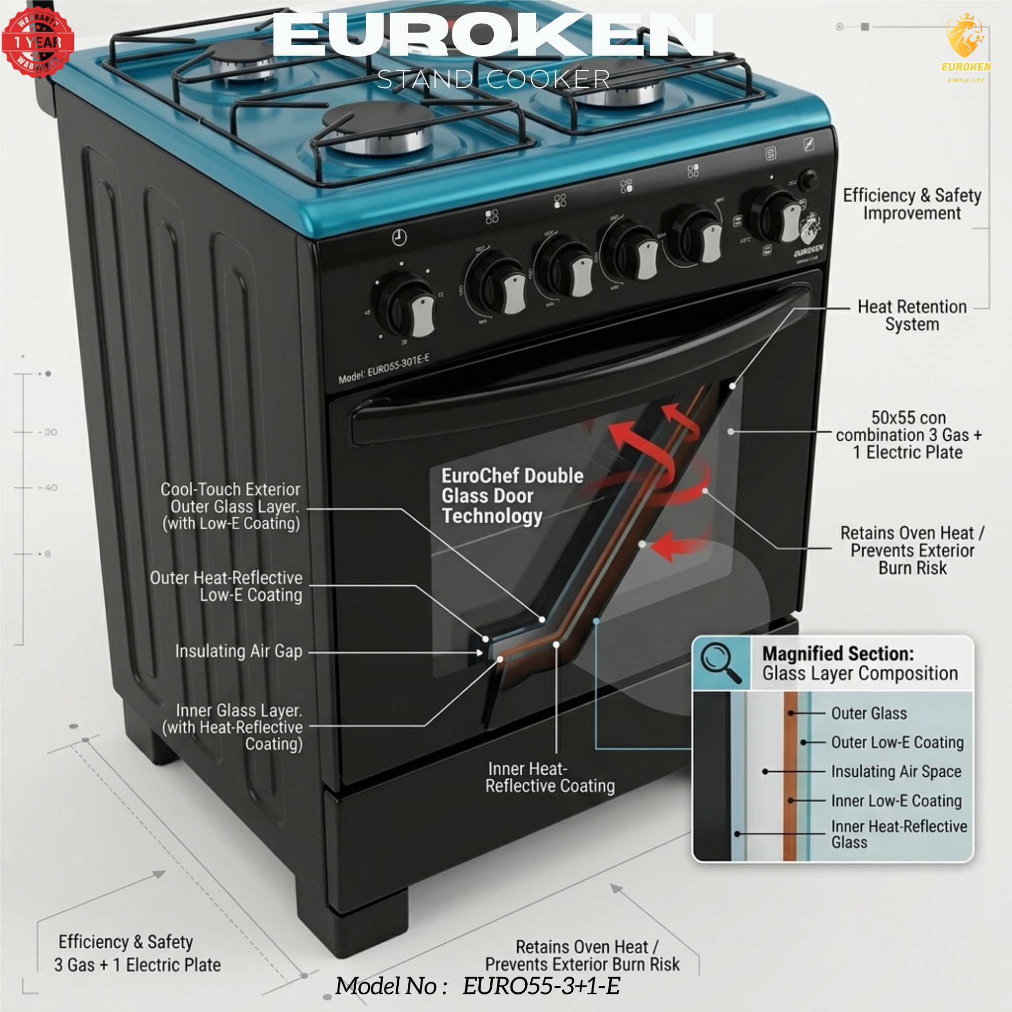 【LIMITED OFFER】 Euroken Euro55-3G1E-E  50L Home Improvement   Free Standing  Gas Cooker 3 GAS +1 Hot plate Kitchen Appliance with electric oven - 50X55CM
