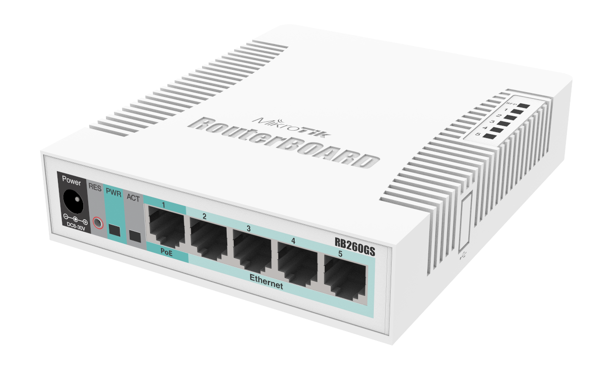 Mikrotik RB260GS 5x Gigabit Ethernet Smart Switch, SFP cage, plastic case, SwOS