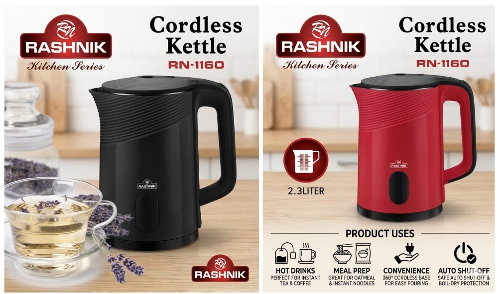 RASHNIK RN-1160  2.3L   1500W Electric  Kettle Outer Layer High Grade Plasctic Inside Steel  Kettle Auto Shut-off