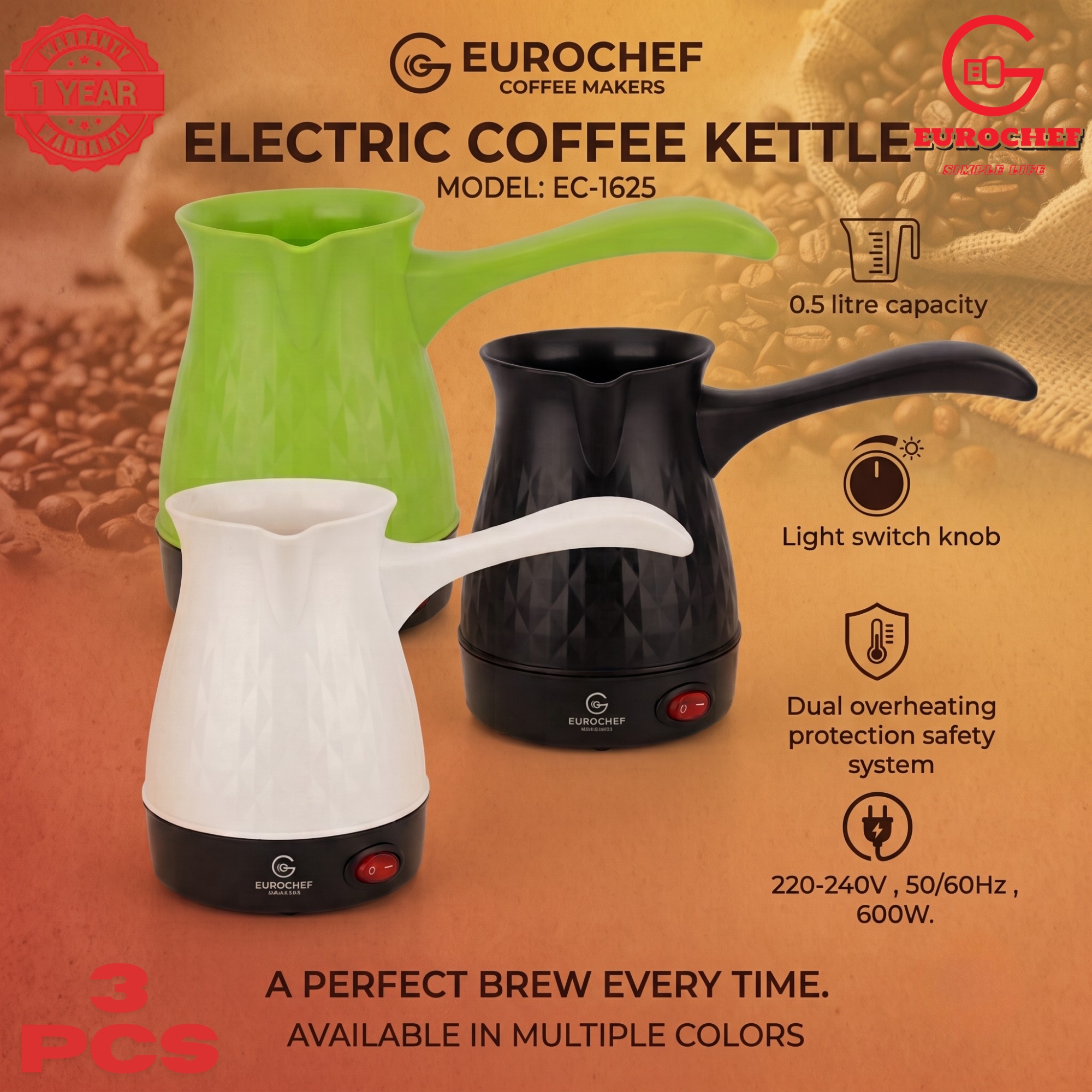 【 3 PIECES 】Eurochef  EC-1625  Electric Turkish Coffee Maker - Cordless Kettle, BPA-Free, 0.5L (500ml), 600W - BLACK WHITE GREEN