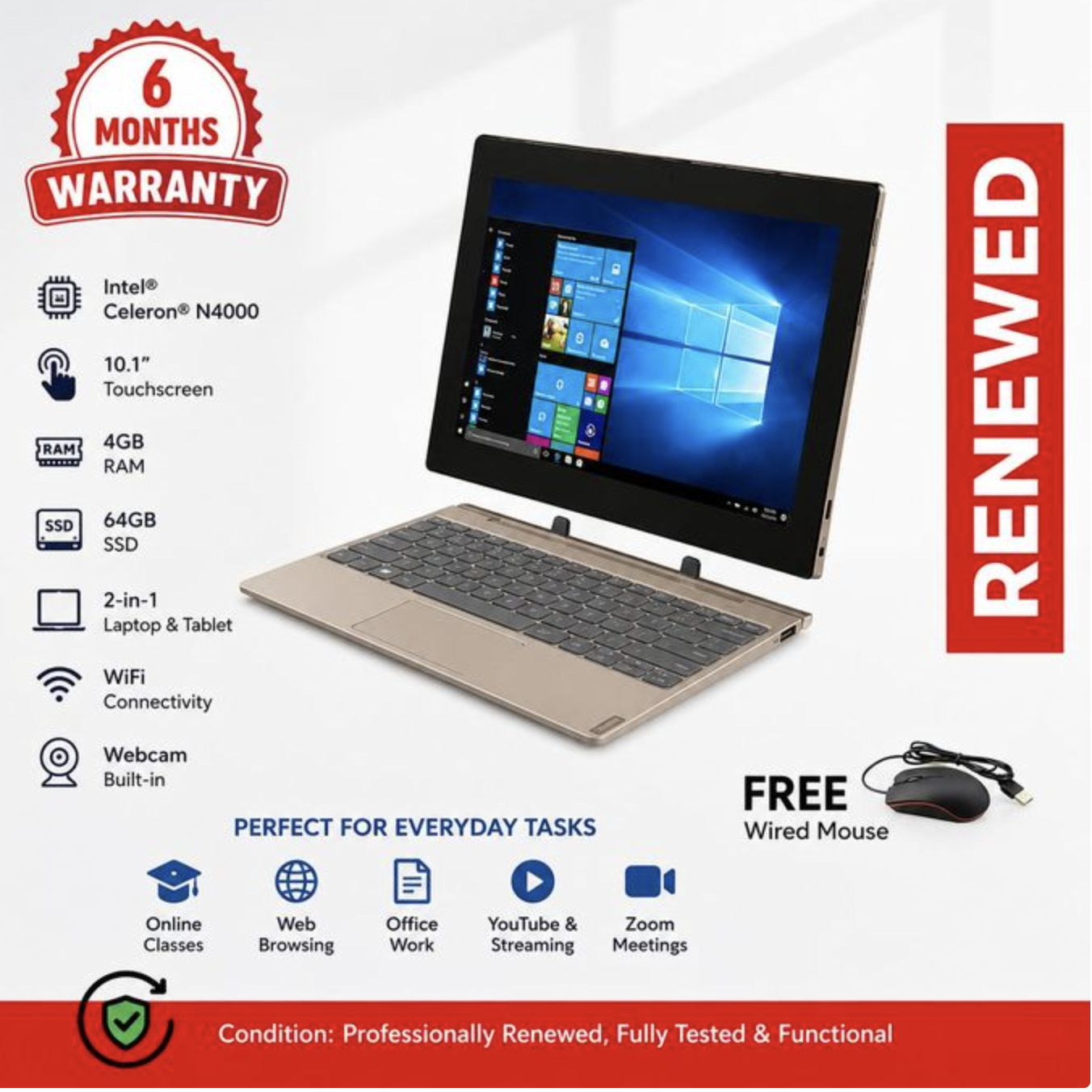 Renewed Lenovo Ideapad D330-10IGM Notebook PC – Celeron N4000 / 10.1INCH Touchscreen / 4GB RAM / 64GB SSD
