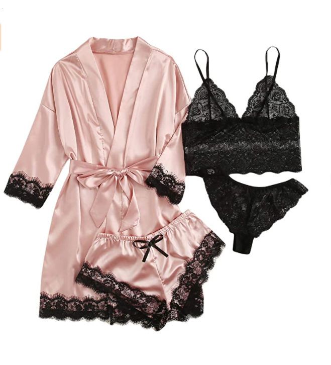 4PCS Lace Stitching Satin Women Pajama Set, Long Sleeve Robe With Belt & Floral Lace Cami Top & Panties & Shorts, women‘s night dressWomen's Sleepwear women clothes