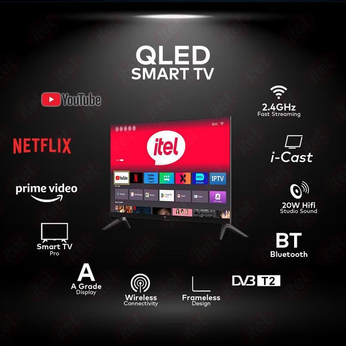 Itel 43 Inch QLED Smart TV Full HD, WiFi, Bluetooth, Frameless Display, Netflix, YouTube, Prime Video, Built-in Decoder, HDR Picture Quality, Energy Saving Television ANDROID 16 SMART TV