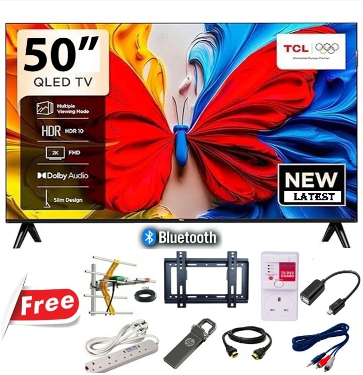 TCL 50" Inch SMART ANDROID TV QLED TV Google TV Full HD TV Wi-Fi Enabled Bluetooth TV HDMI/USB ports Netflix YouTube Dolby Audio Prime Video Inbuilt Decoder cast screen TCLTV TCL TV TCL50+8 FREE GIFTS