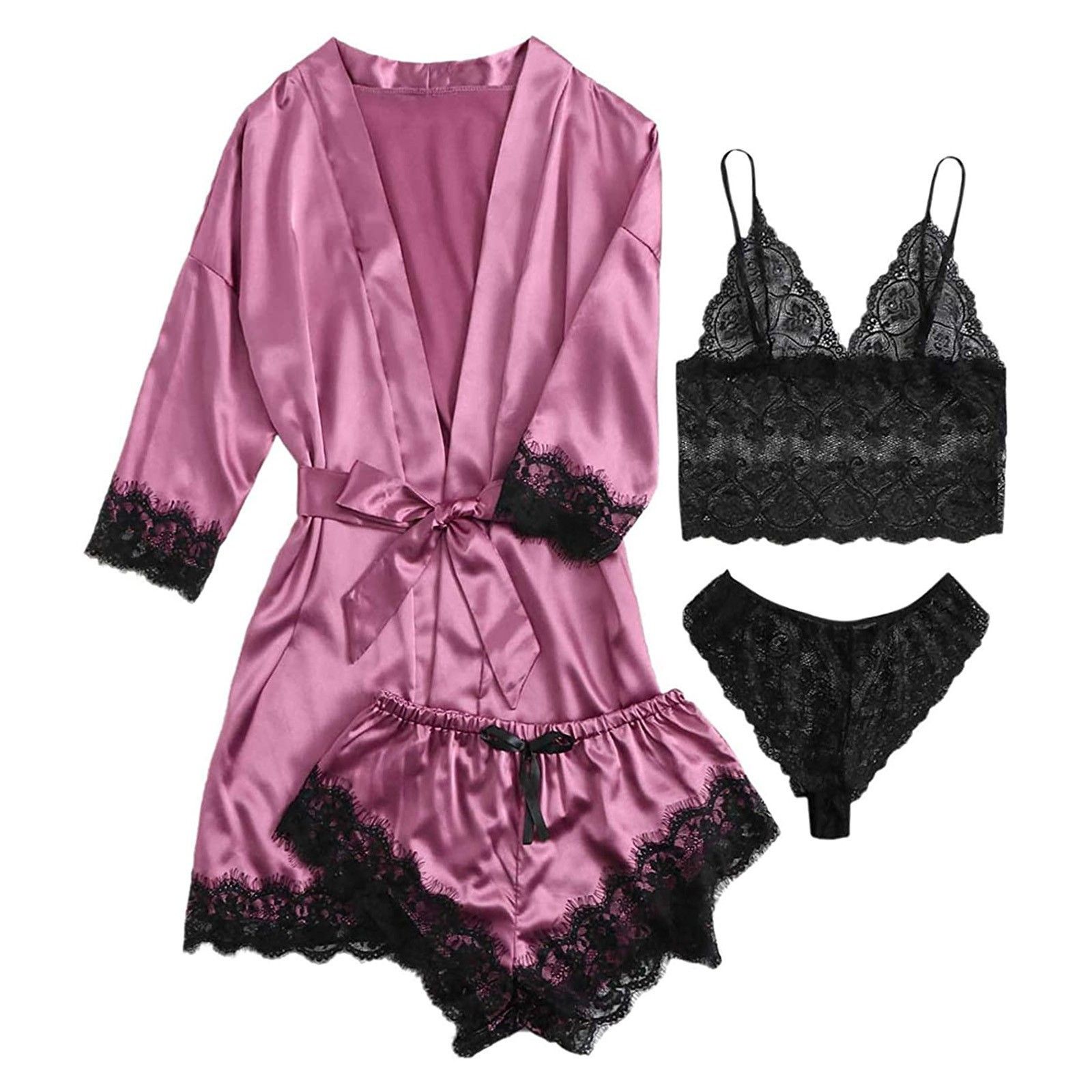 4PCS Lace Stitching Satin Women Pajama Set, Long Sleeve Robe With Belt & Floral Lace Cami Top & Panties & Shorts, women‘s night dressWomen's Sleepwear women clothes