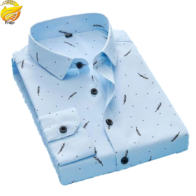 Freyr Men’s Clothes Shirts Slim Long Sleeve Shirts business shirt Boys Feather Printed Classic square collar simple shirts Students Clothes