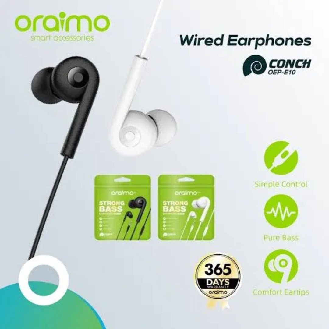 Oraimo Wired Earphones 3.5mm Pure Bass In-Ear Headset Sports Earpods Stereo Music Gaming Headphone with Microphone Comfortable Compatible on Android/IOS Laptop 1.2 meter cord