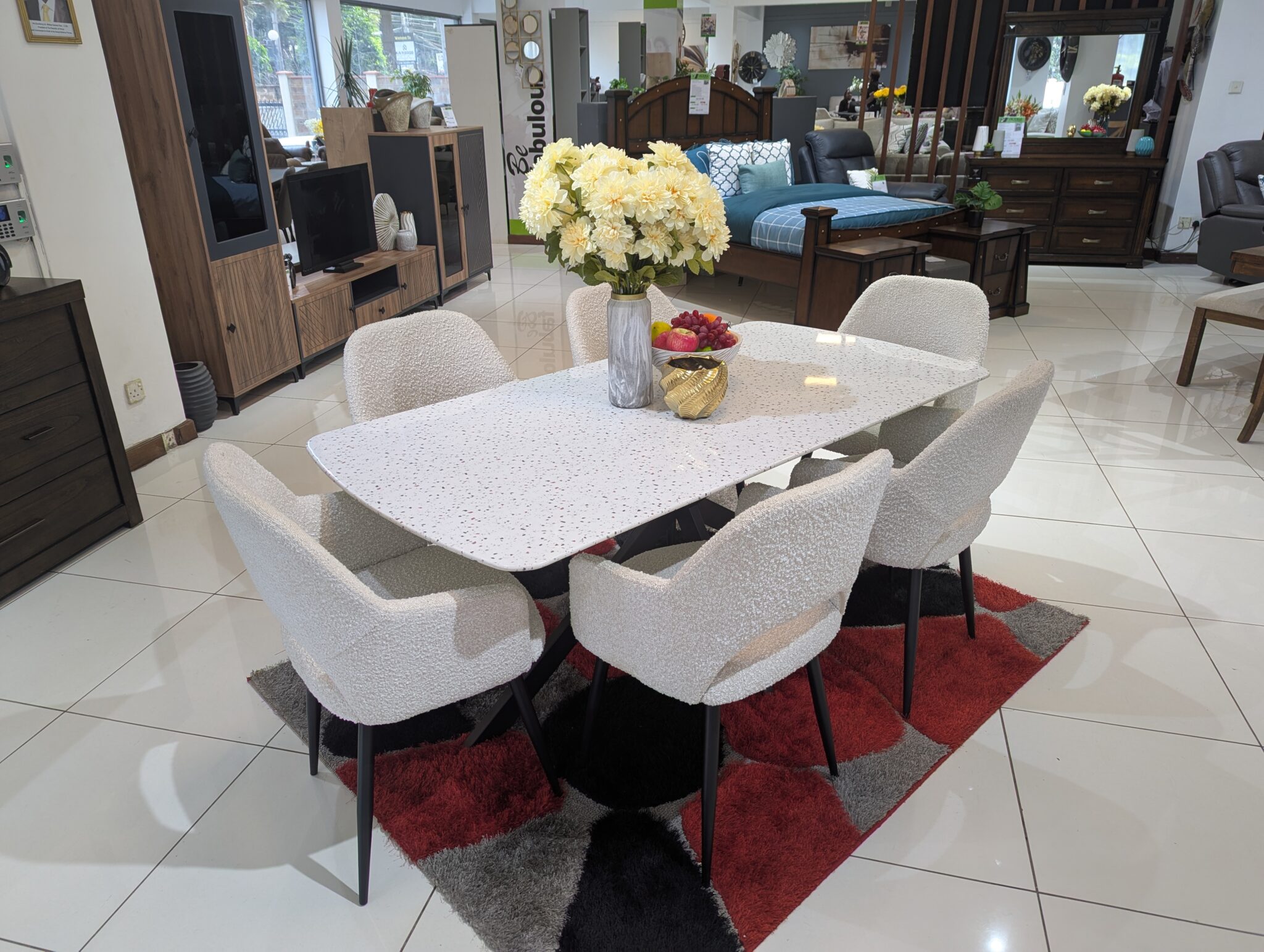 Maldon 6 Seater Dining Set – Terrazzo Glass Top