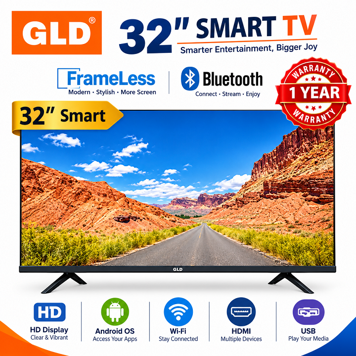 GLD 32" Inch Smart Android Digital TV  Frameless Television Bluetooth TV App-store Inbuilt Decoder Netflix TV YouTube  TV USB&HDMI PORTS WIFI ACCESS GLD32inch TV GLD TV GLDTV+ 6 EXTRA ACCESSORIES