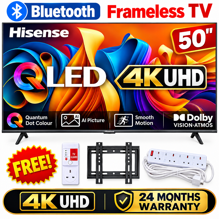 Hisense 50" Inch Smart TV 4K UHD QLED TV VIDAA OS 50Q6 Netflix YouTube Dolby Vision Dolby Atmos HDR10+ AI 4K Upscaler Frameless Wi-Fi Bluetooth TV Voice Control Hisense50 TV Hisense TV + 3 FREE GIFTS