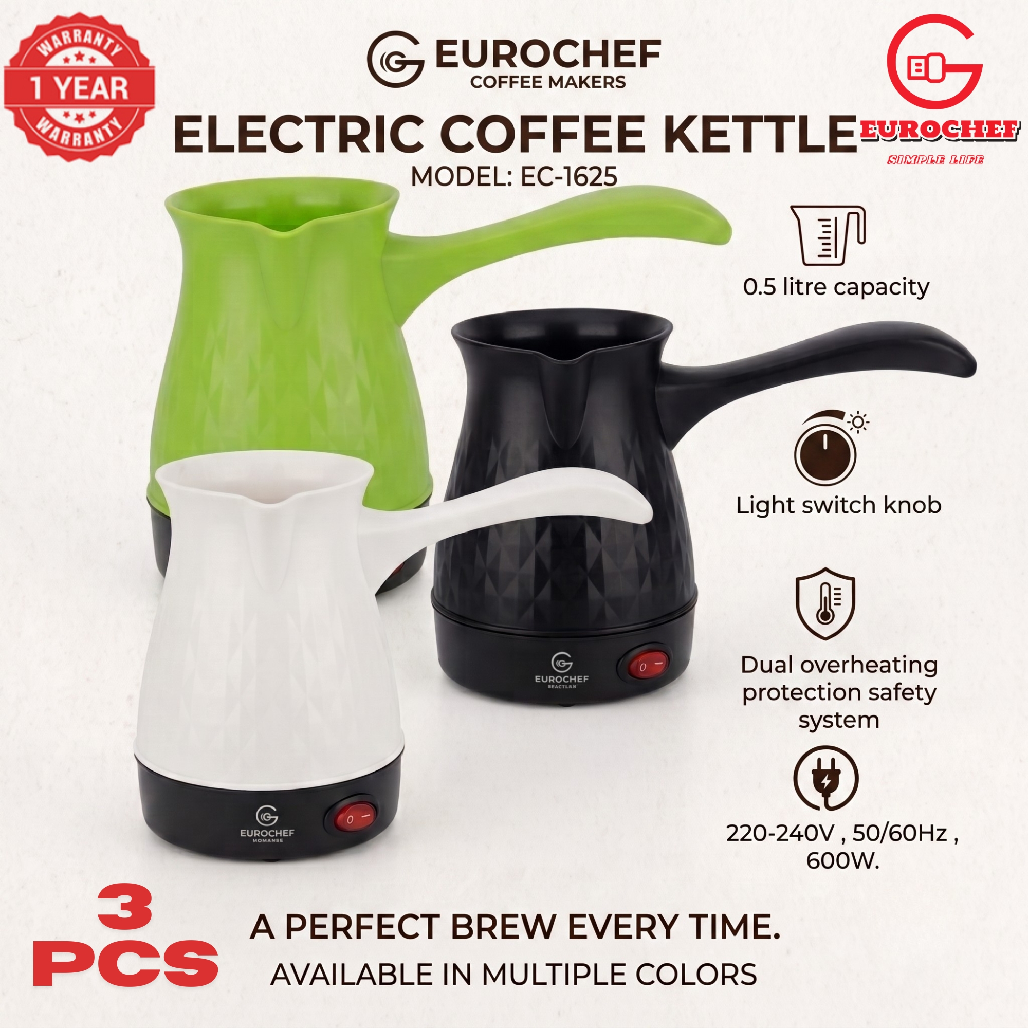 【 3 PIECES 】Eurochef  EC-1625  Electric Turkish Coffee Maker - Cordless Kettle, BPA-Free, 0.5L (500ml), 600W - BLACK WHITE GREEN