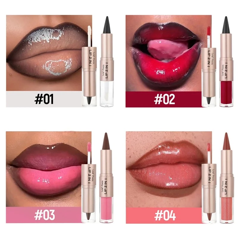 2 in1 Tapered Gradient Mirror Lip Gloss Matte Lip Liner Waterproof Lip Contour Non-Stick Makeup