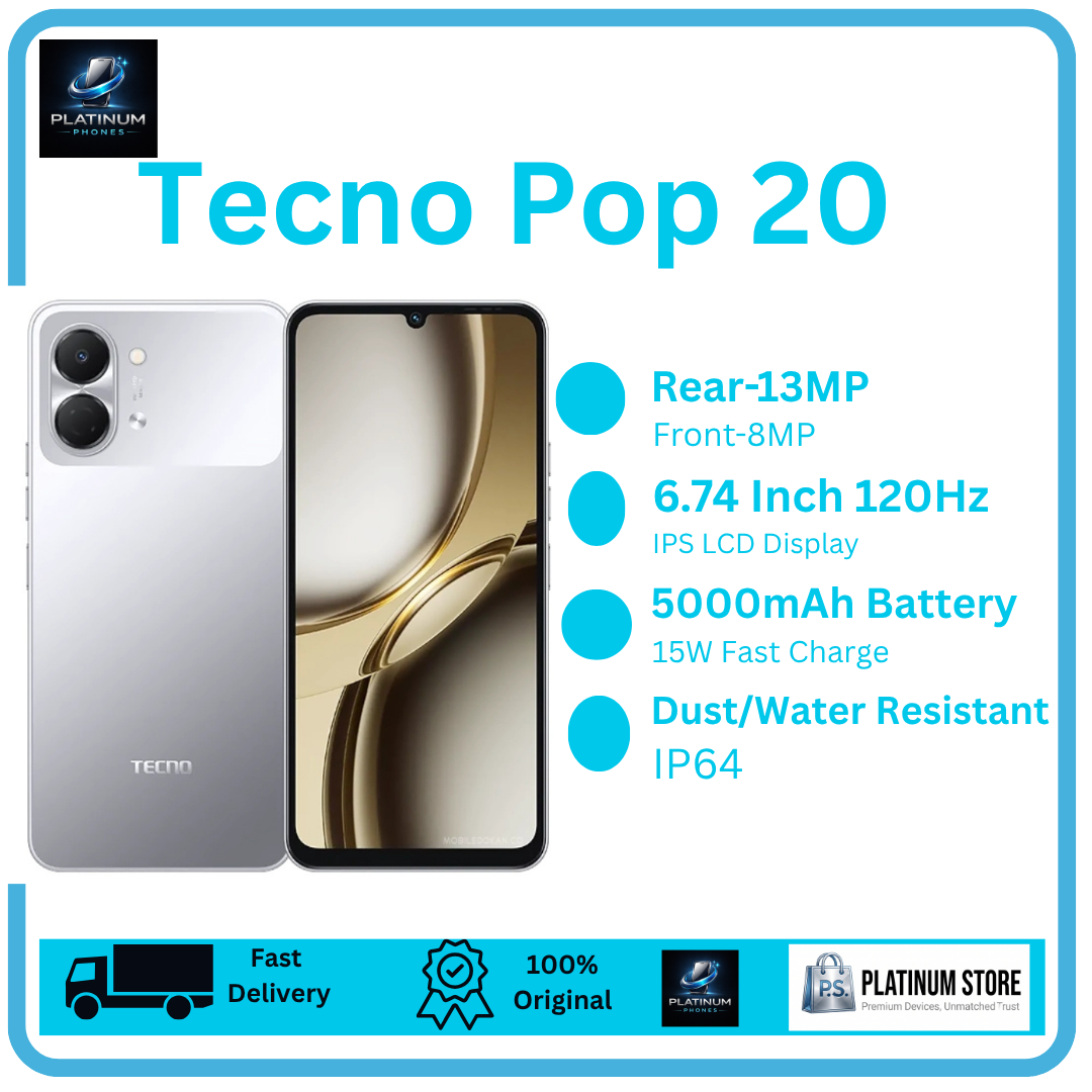 [FREE GIFTS🎁🎁] TECNO Pop 20 128/64GB+8(4+4)GB 6.74" IPS LCD 120Hz Display 13MP Rear Camera 5000mAh Battery 15W Fast Charging IP64 Dual SIM Fingerprint Unlock Smart AI Smartphone