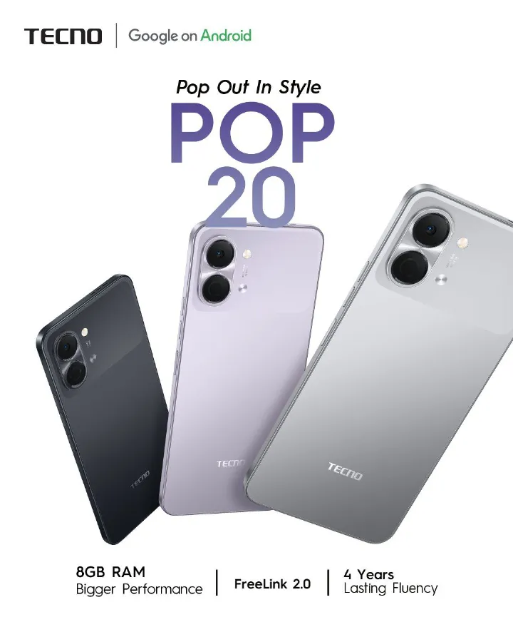 TECNO POP 20 128GB + 8(4+4)GB  64GB+4GB 4G Network 6.75" 120Hz Hole Screen Dual Speakers IP64 Waterproof 13MP 5000mAh 15W Type-C Android 15 Dual SIM Phone Side Fingerprint Unlock phones