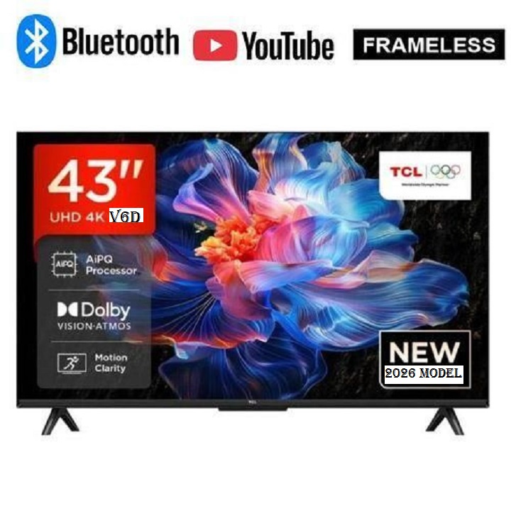TCL 43" Inch Smart Android TV GOOGLE AI TV 4K Ultra HD TV 43V6D 2026 MODEL Direct LED TV HDR10 Bluetooth TV WIFI NETFLIXYOUTUBE APPSTORE DOLBY PRIME VIDEO ICAST TCL43 TCL TV+FREE TVGUARD+TILT BRACKET