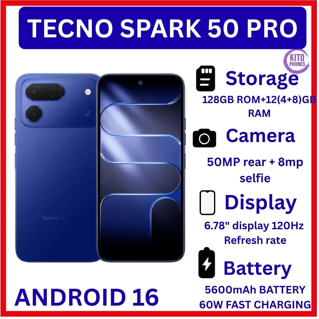 [BRAND NEW] Tecno Spark 50 Pro,6.78-inch'50MP f/1.8 PDAF + 8MP f/2.0 selfie 4GB RAM +128GB ROM,Battery: 5600mAh'OS: Android 16, HiOS 16'MediaTek Helio G100+12 MONTHS FREE WARRANTY PHONE SMARTPHONE