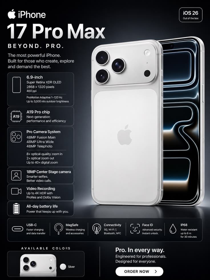 🔥New !🔥iPhone 17 Pro Max 512GB 12GB RAM 6.9″ LTPO Super Retina XDR OLED 120Hz Always-On Display A19 Pro Chip with 6-core GPU Apple Intelligence 48MP Triple Pro Camera System nano-sim 24-Month EAwrty