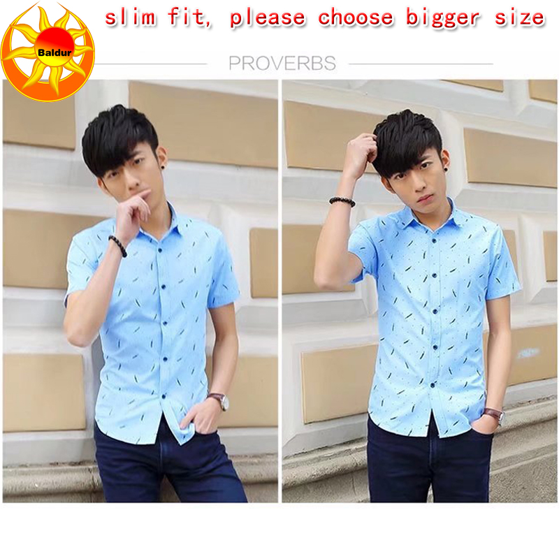 Baldur Blue and white are visible Men's Clothes Short sleeve slim fit Shirts Feather Printed Shirts Youth business casual shirt boys Classic square neck Shirts