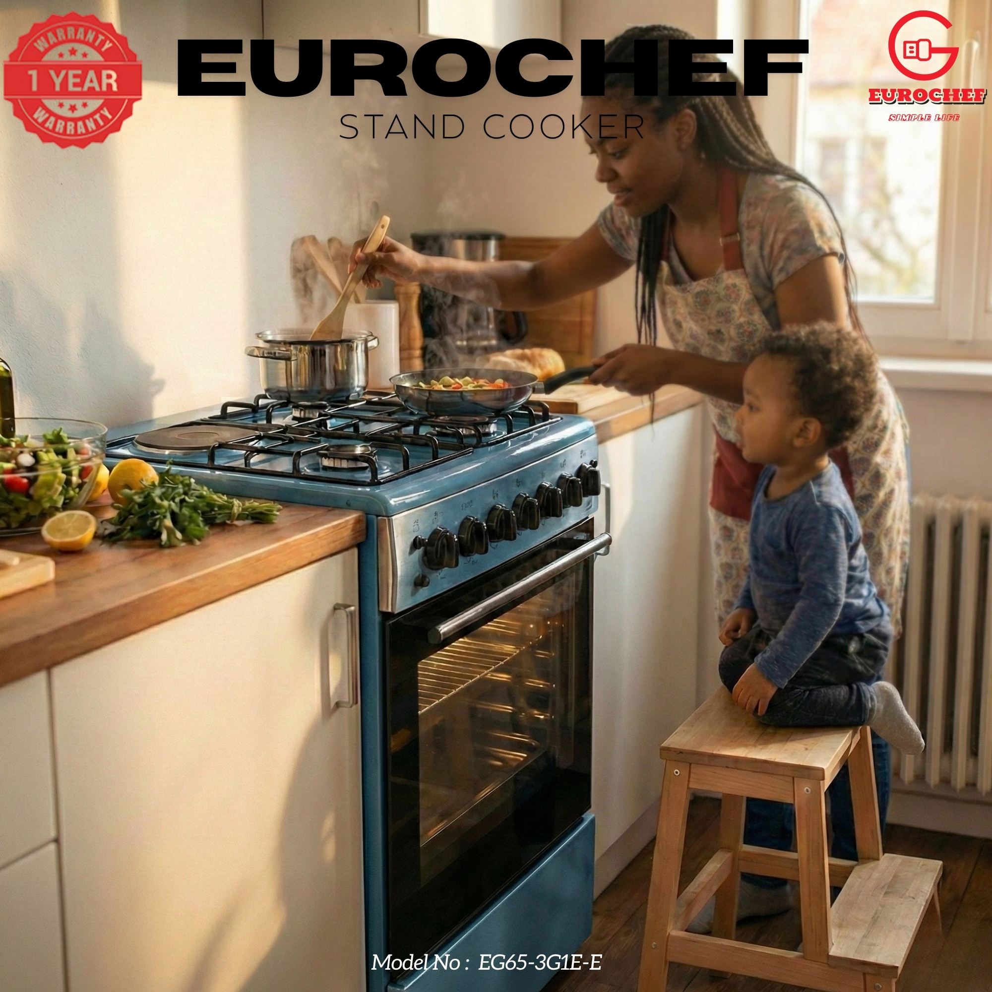 【LIMITED OFFER】 EUROCHEF 60X65 EGT65-3G1E-E Home Improvement 67l  Free Standing Gas Cooker  3 Gas +1 Hotplate Kitchen Appliance With Electric Oven
